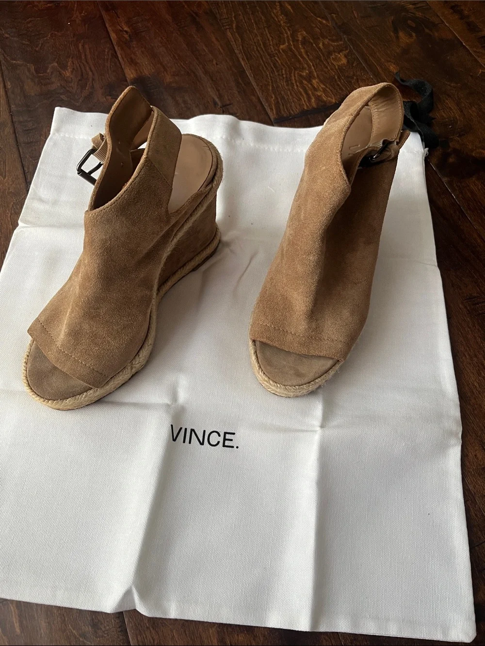 Vince Tan Suede Open-Toe Espadrille Wedge Sandals